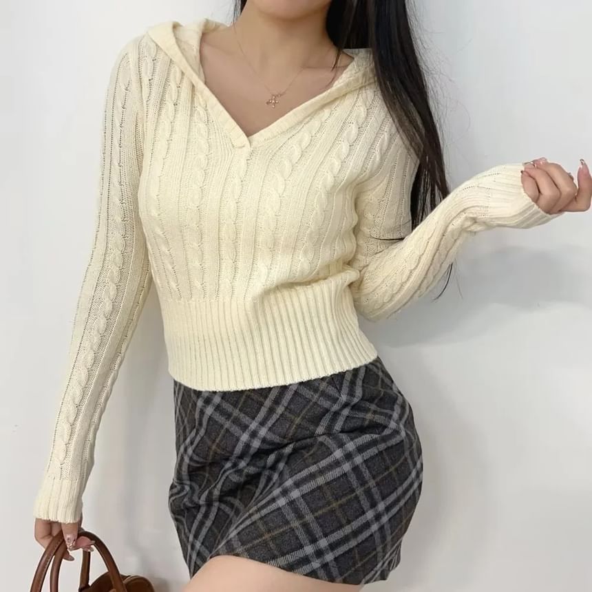 V-Neck Cable Knit Crop Hoodie