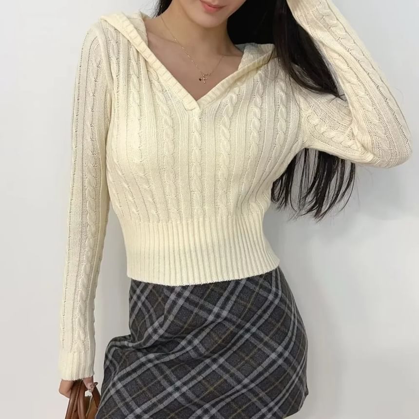 V-Neck Cable Knit Crop Hoodie
