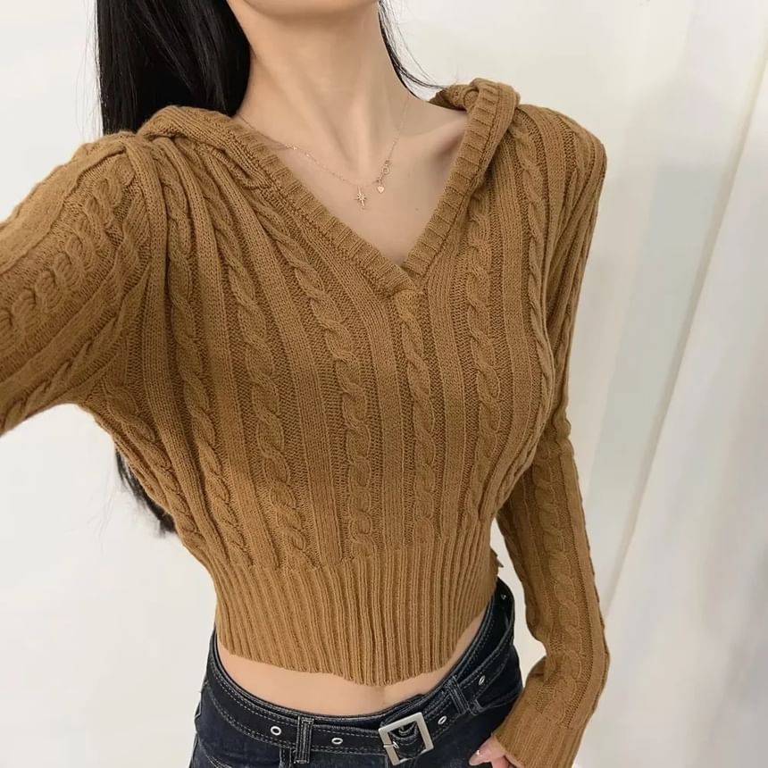 V-Neck Cable Knit Crop Hoodie
