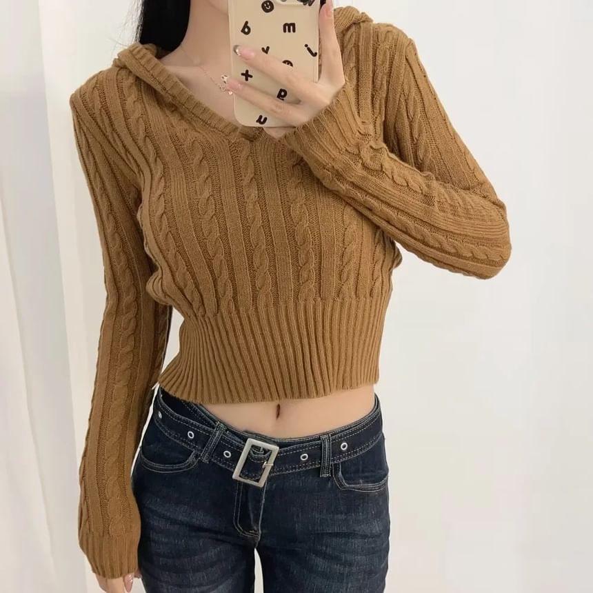 V-Neck Cable Knit Crop Hoodie