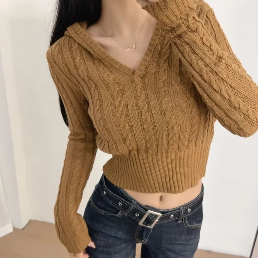 V-Neck Cable Knit Crop Hoodie