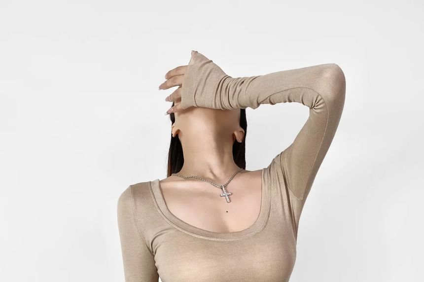 Sheer Slim Fit Scoop Neck Long Sleeve Top