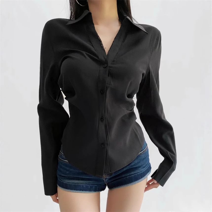 Collared V-Neck Lace Panel Button Blouse