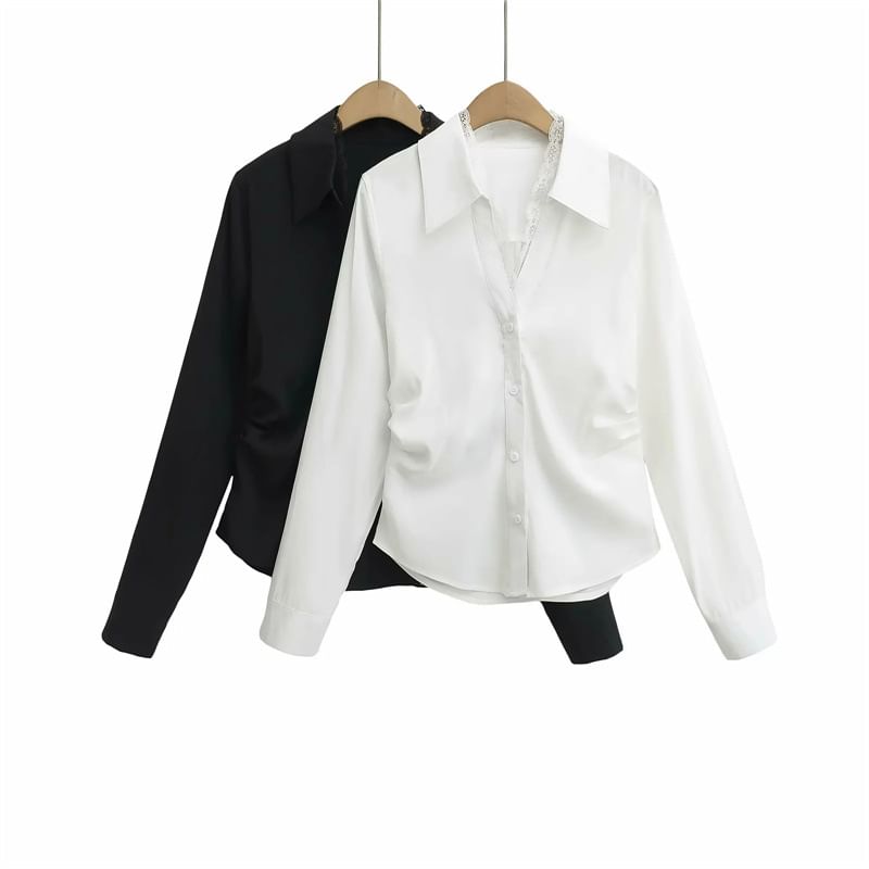 Collared V-Neck Lace Panel Button Blouse
