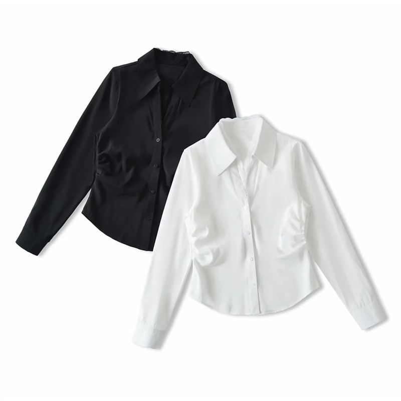 Collared V-Neck Lace Panel Button Blouse