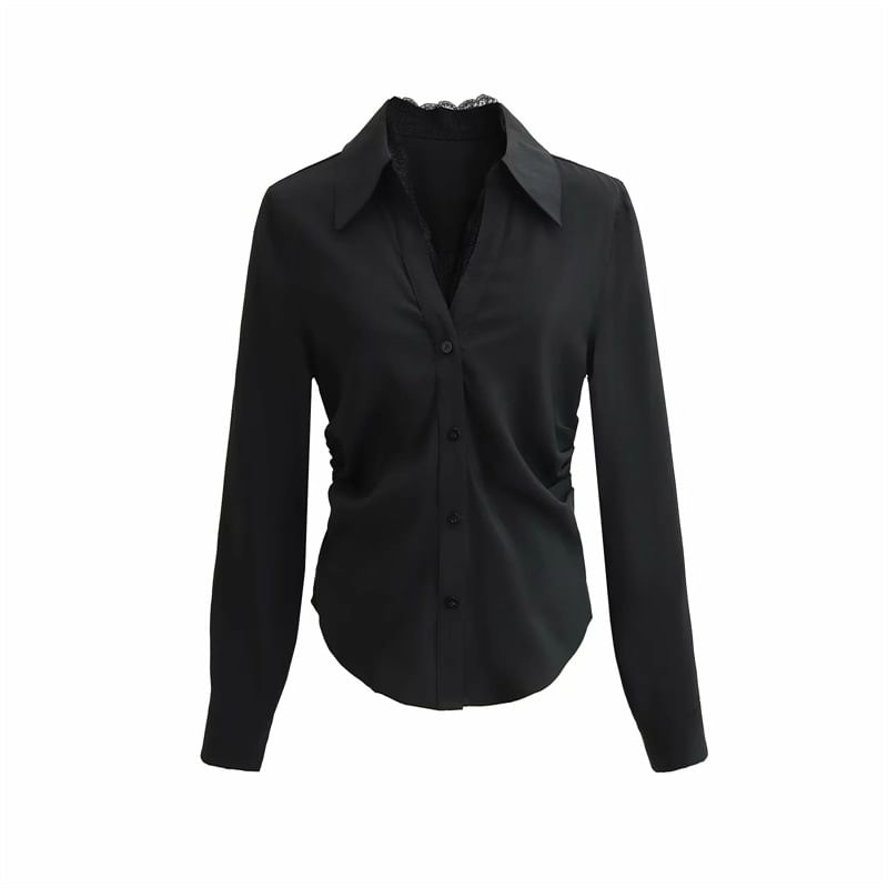 Collared V-Neck Lace Panel Button Blouse