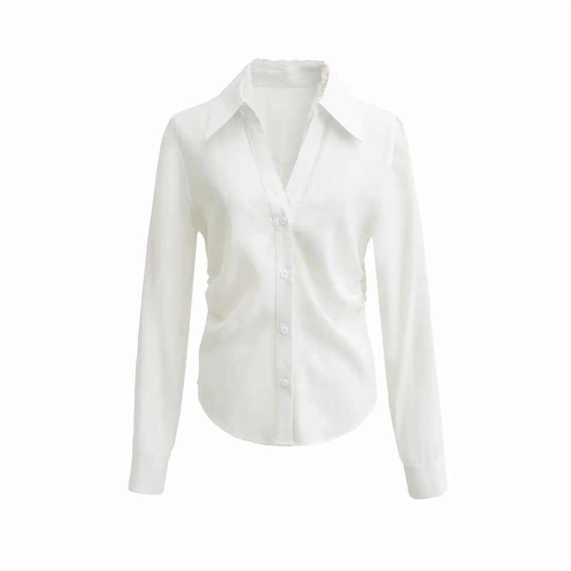 Collared V-Neck Lace Panel Button Blouse