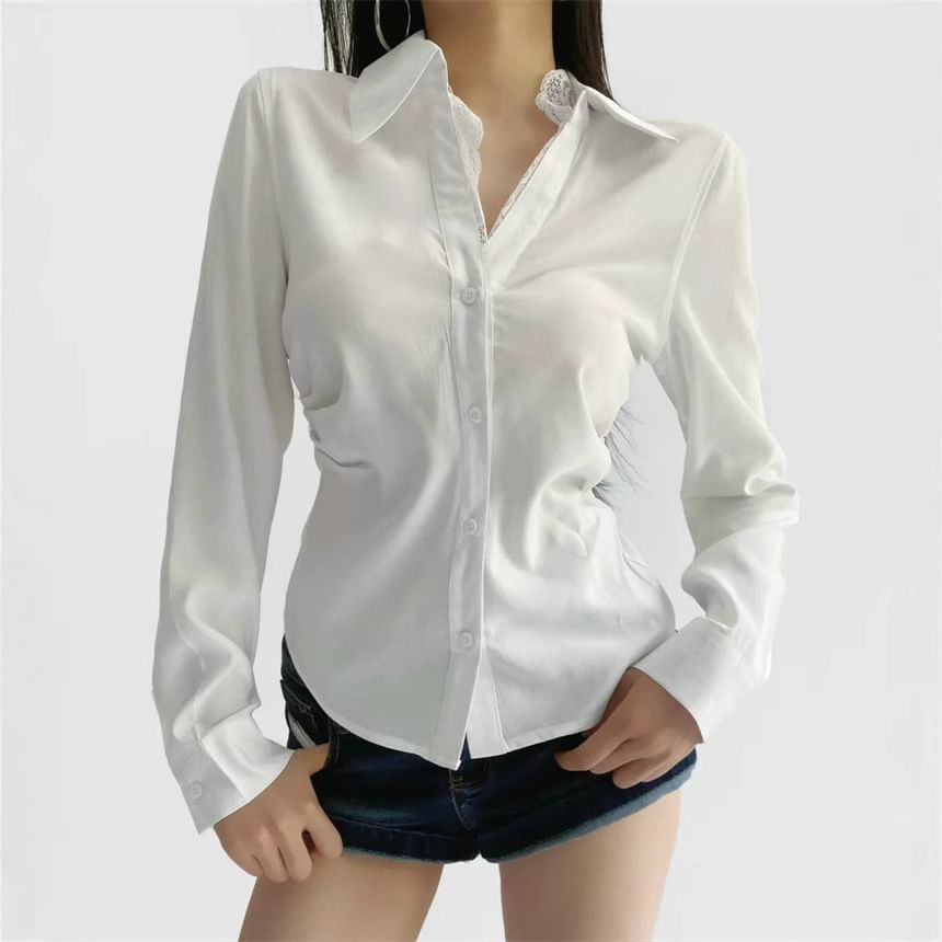 Collared V-Neck Lace Panel Button Blouse