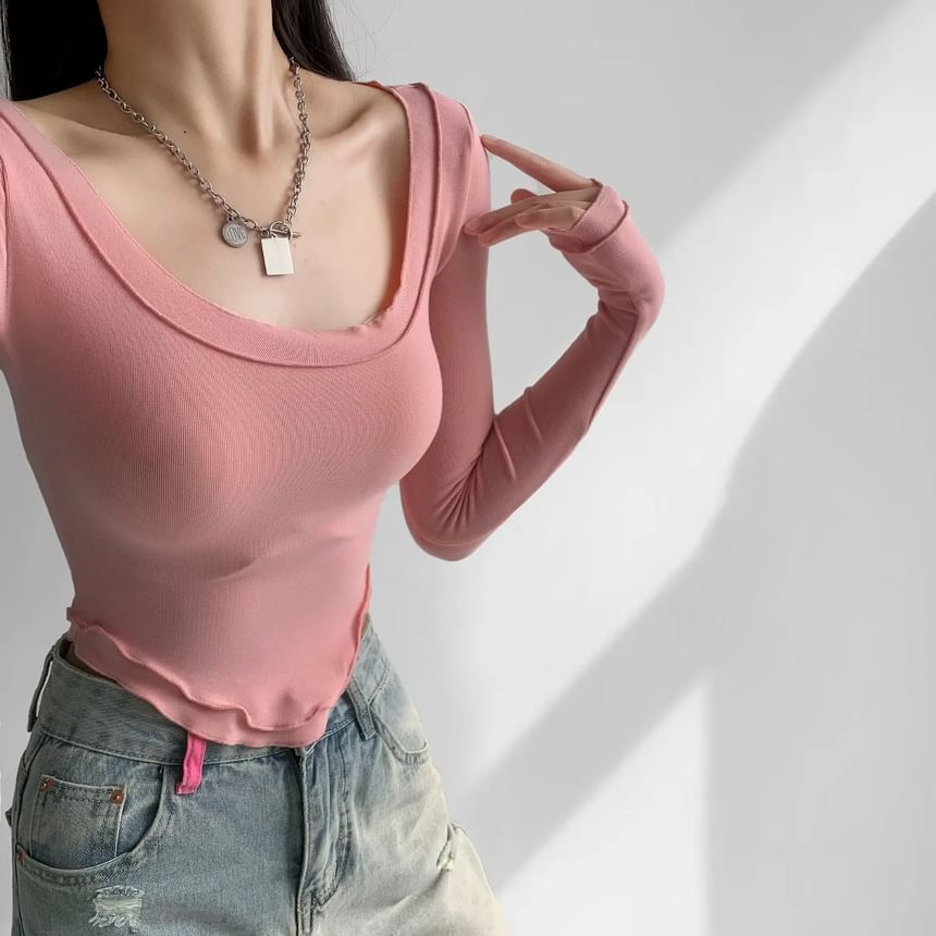Slim Fit Lettuce Edge Long Sleeve Crop Tee