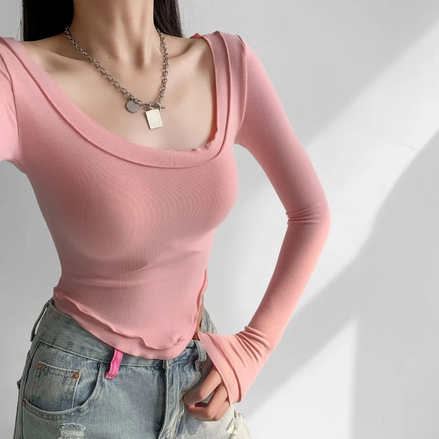 Slim Fit Lettuce Edge Long Sleeve Crop Tee