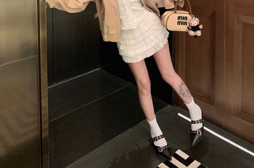 Collared Zip-Up Plain Jacket / Lace Trim Button-Up Crop Tube Top / High Waist Tiered Mini A-Line Skirt