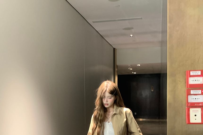Collared Zip-Up Plain Jacket / Lace Trim Button-Up Crop Tube Top / High Waist Tiered Mini A-Line Skirt