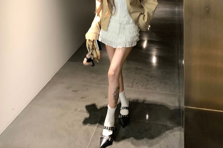 Collared Zip-Up Plain Jacket / Lace Trim Button-Up Crop Tube Top / High Waist Tiered Mini A-Line Skirt