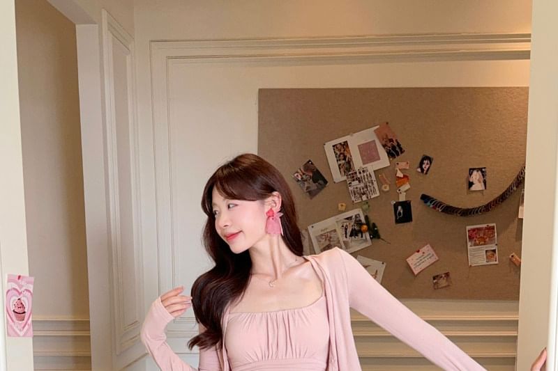 Plain Ruched Crop Camisole Top / Drawstring Waist Frill Trim Sheer Maxi A-Line Skirt / V-Neck Button-Up Cardigan