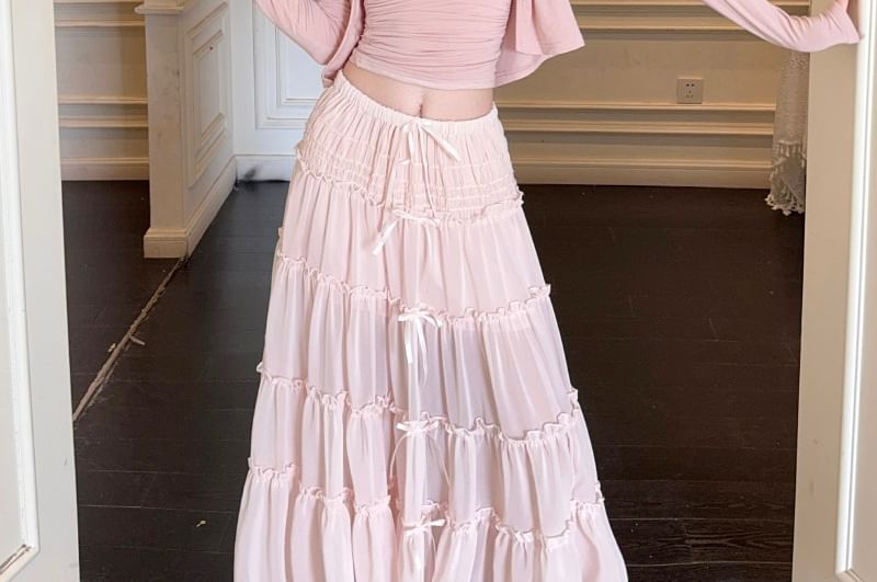 Plain Ruched Crop Camisole Top / Drawstring Waist Frill Trim Sheer Maxi A-Line Skirt / V-Neck Button-Up Cardigan