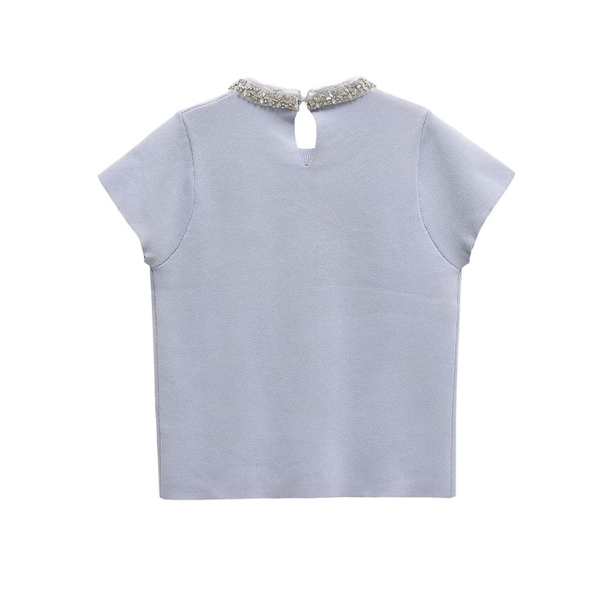 Crew Neck Embellished Knit Top with High-Waisted Pleated Mini Skirt Set