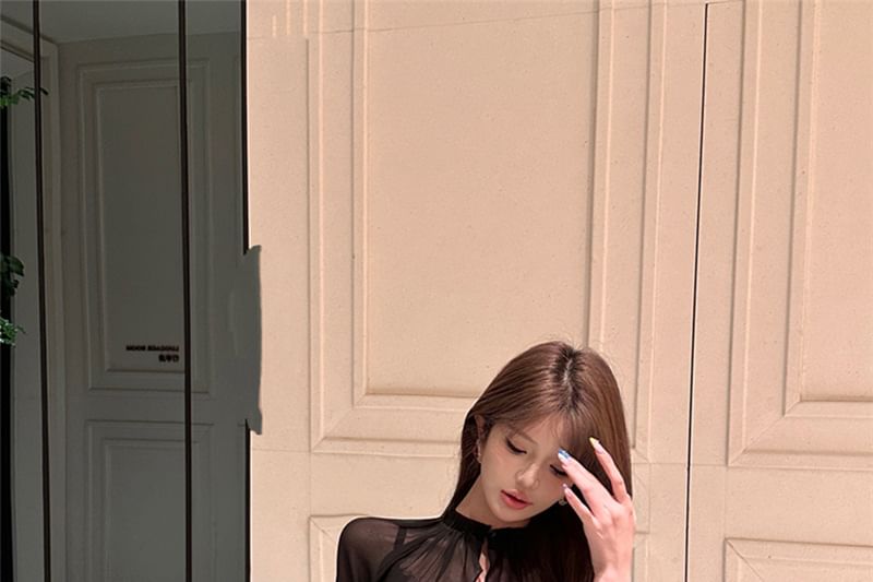Lace-Trimmed Mesh Shrug with Stand Collar and V-Neck Camisole