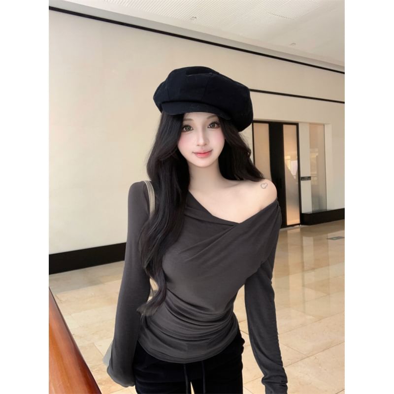 Asymmetric V-Neck Long Sleeve Solid Top