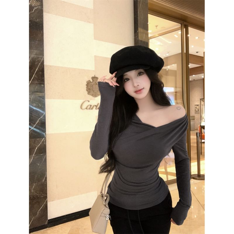 Asymmetric V-Neck Long Sleeve Solid Top