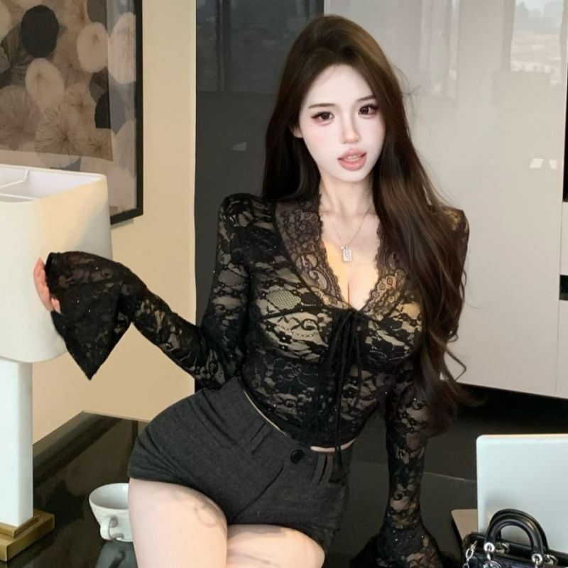 V-Neck Lace Crop Long Sleeve Top