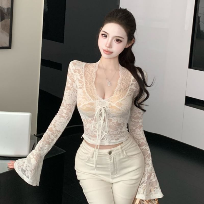 V-Neck Lace Crop Long Sleeve Top