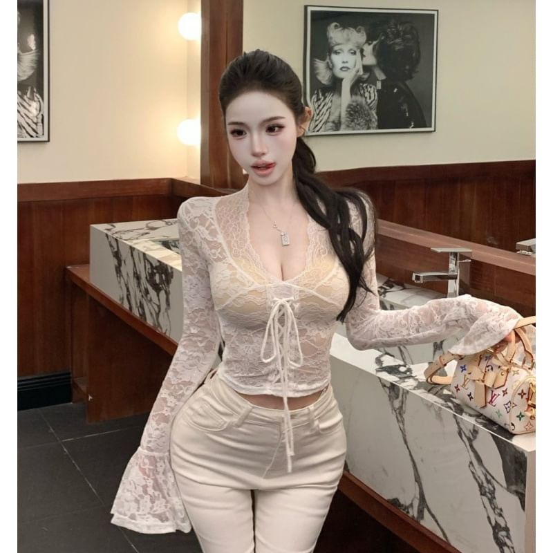 V-Neck Lace Crop Long Sleeve Top