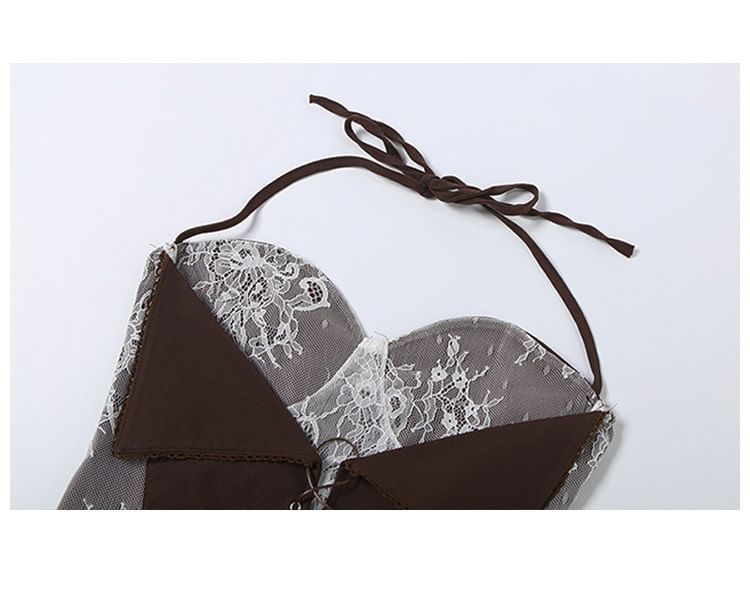 Halter Lace-Up Back Crop Top with Low Rise Pleated Skirt Set