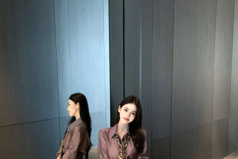 Button-Up Long Sleeve Shirt with High Waist Pencil Skirt & Leopard Scarf Set
