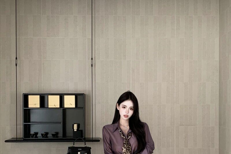 Button-Up Long Sleeve Shirt with High Waist Pencil Skirt & Leopard Scarf Set