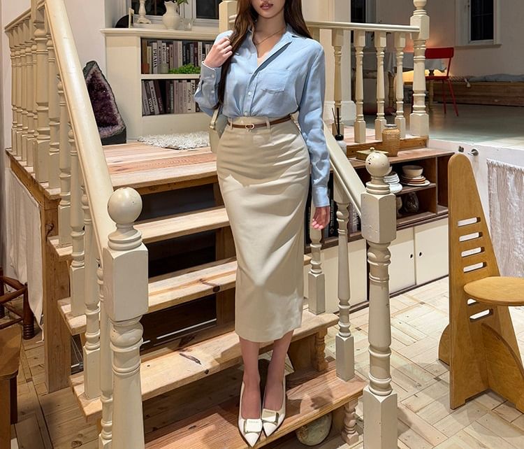 Slit Midi Pencil Skirt with Belt - High Waist
