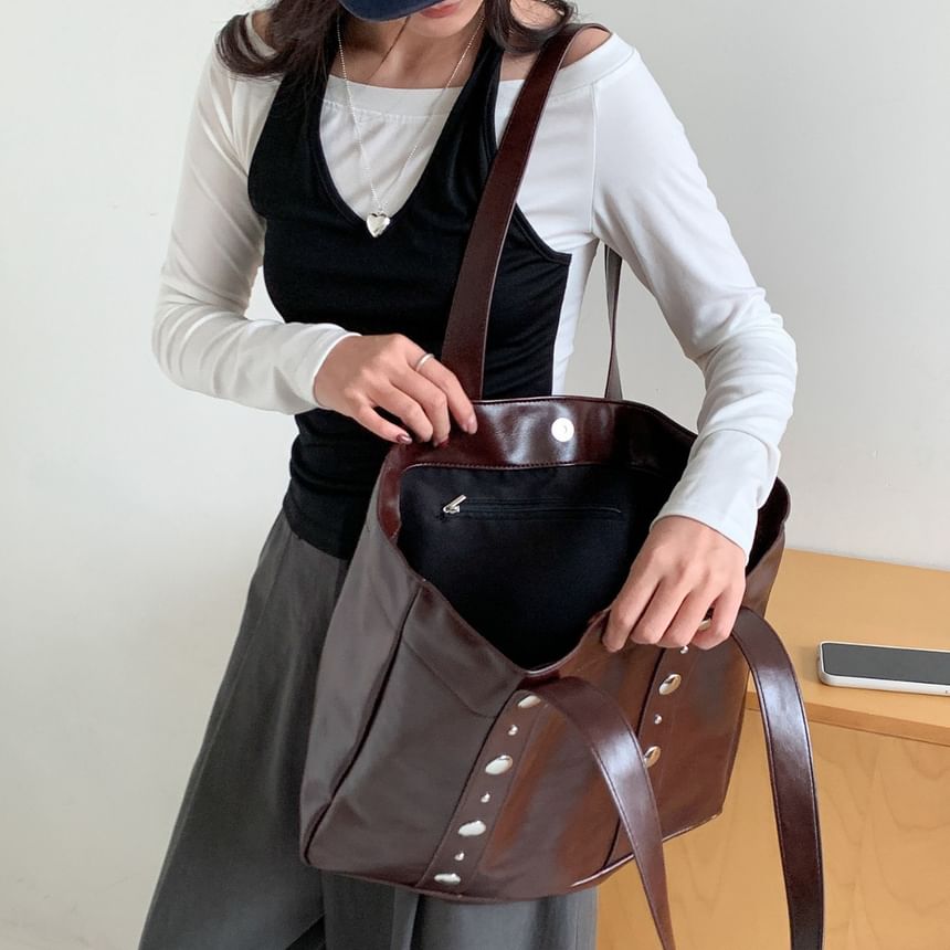 Studded Faux Leather Tote Bag