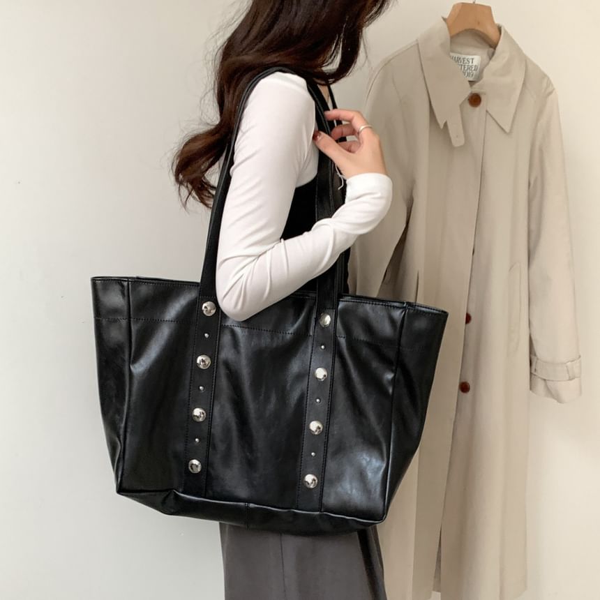 Studded Faux Leather Tote Bag