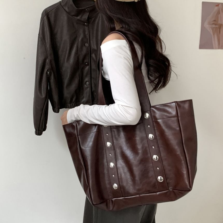 Studded Faux Leather Tote Bag