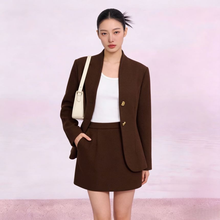 V-Neck Button-Up Blazer & Mini Pencil Skirt Set
