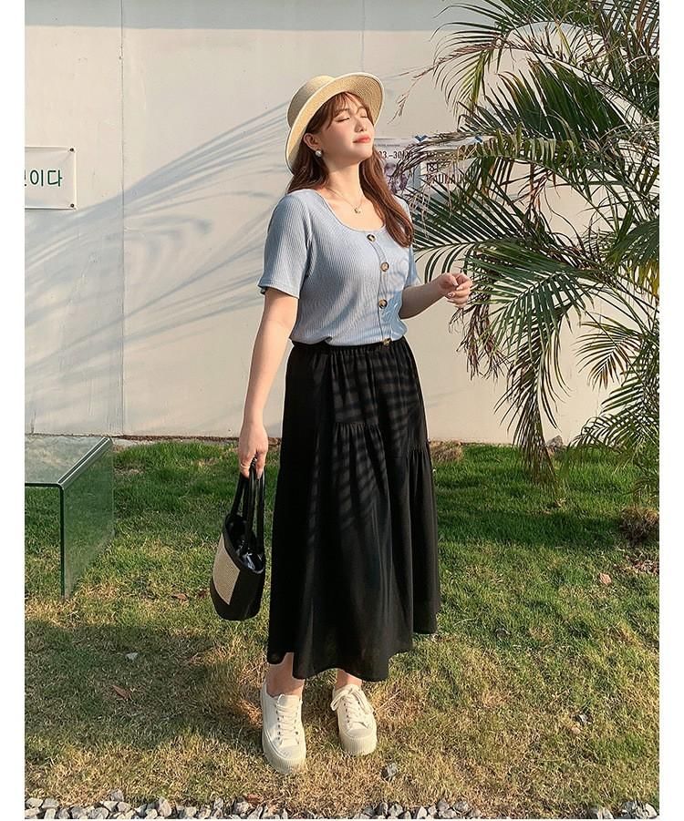 Square Neck Short-Sleeve Ribbed Top with Elastic Waist Midi A-Line Skirt