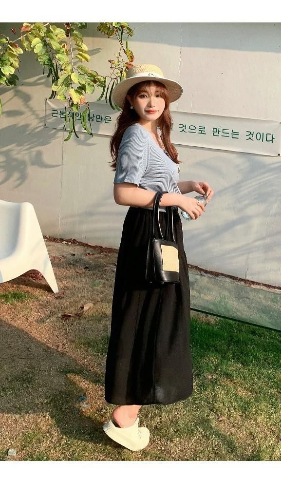 Square Neck Short-Sleeve Ribbed Top with Elastic Waist Midi A-Line Skirt