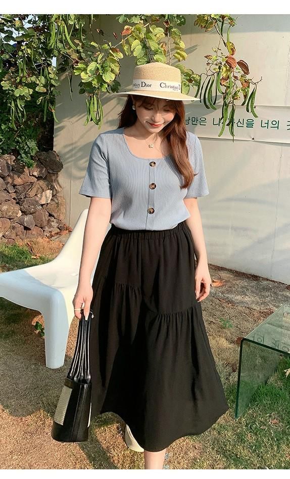 Square Neck Short-Sleeve Ribbed Top with Elastic Waist Midi A-Line Skirt