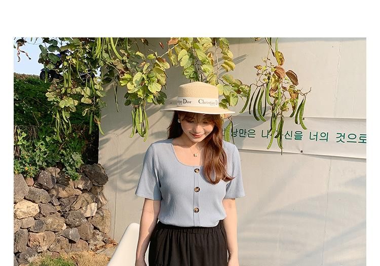 Square Neck Short-Sleeve Ribbed Top with Elastic Waist Midi A-Line Skirt