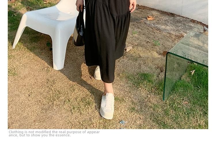 Square Neck Short-Sleeve Ribbed Top with Elastic Waist Midi A-Line Skirt