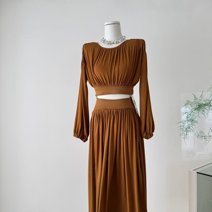 Puff-Sleeved Crop Top & High-Waisted Midi A-Line Skirt Set