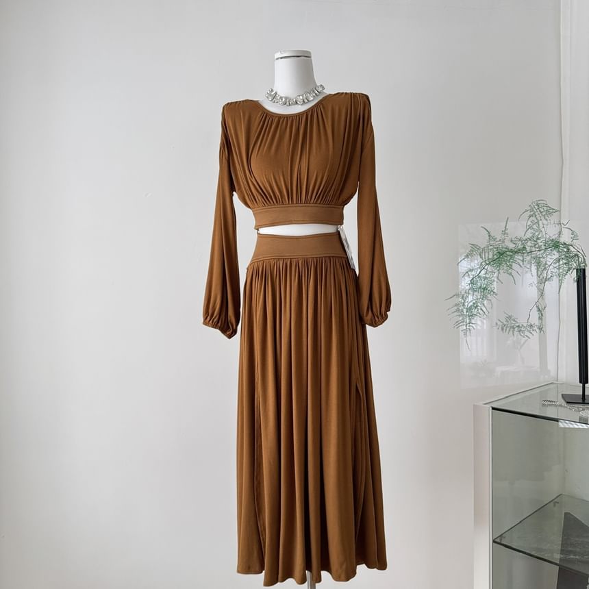 Puff-Sleeved Crop Top & High-Waisted Midi A-Line Skirt Set