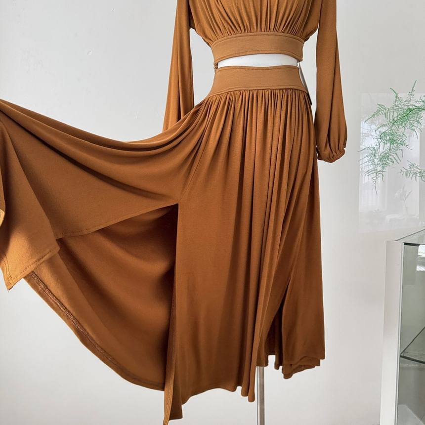 Puff-Sleeved Crop Top & High-Waisted Midi A-Line Skirt Set