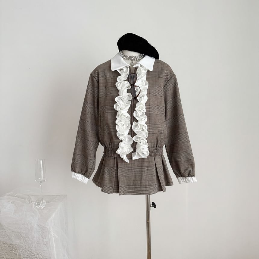 Plaid Contrast Trim Ruffle Jacket & Pleated Mini Skirt Set