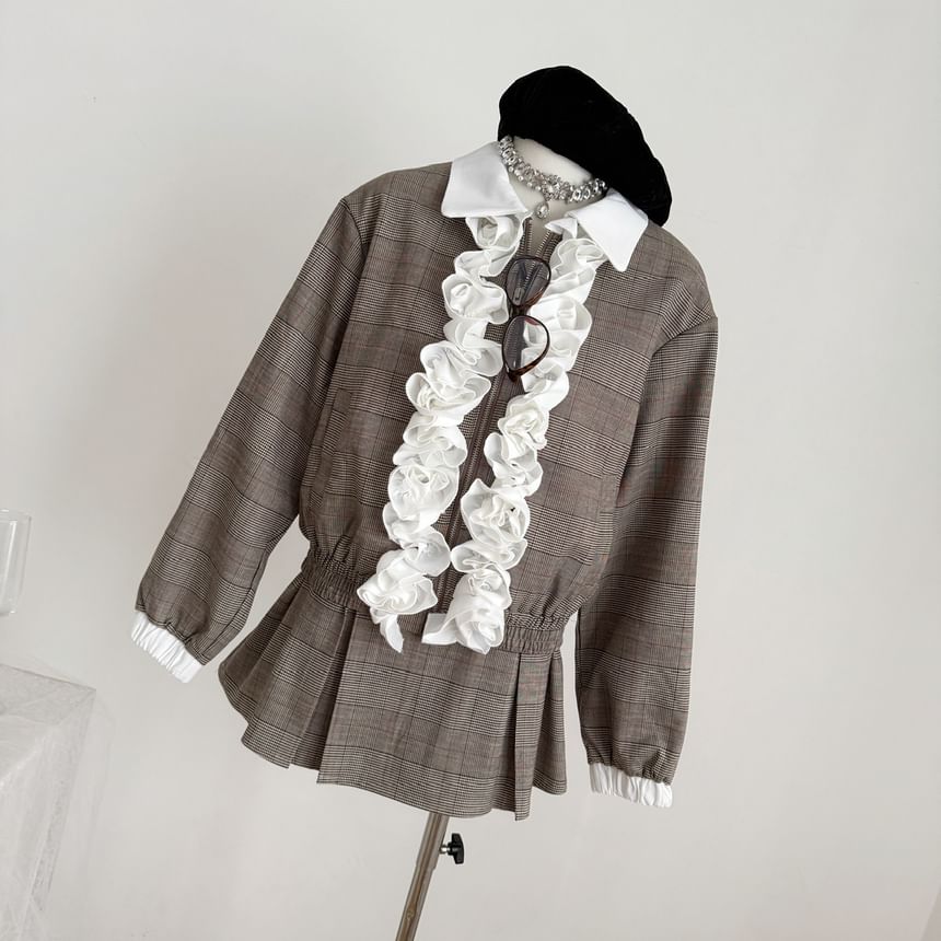 Plaid Contrast Trim Ruffle Jacket & Pleated Mini Skirt Set