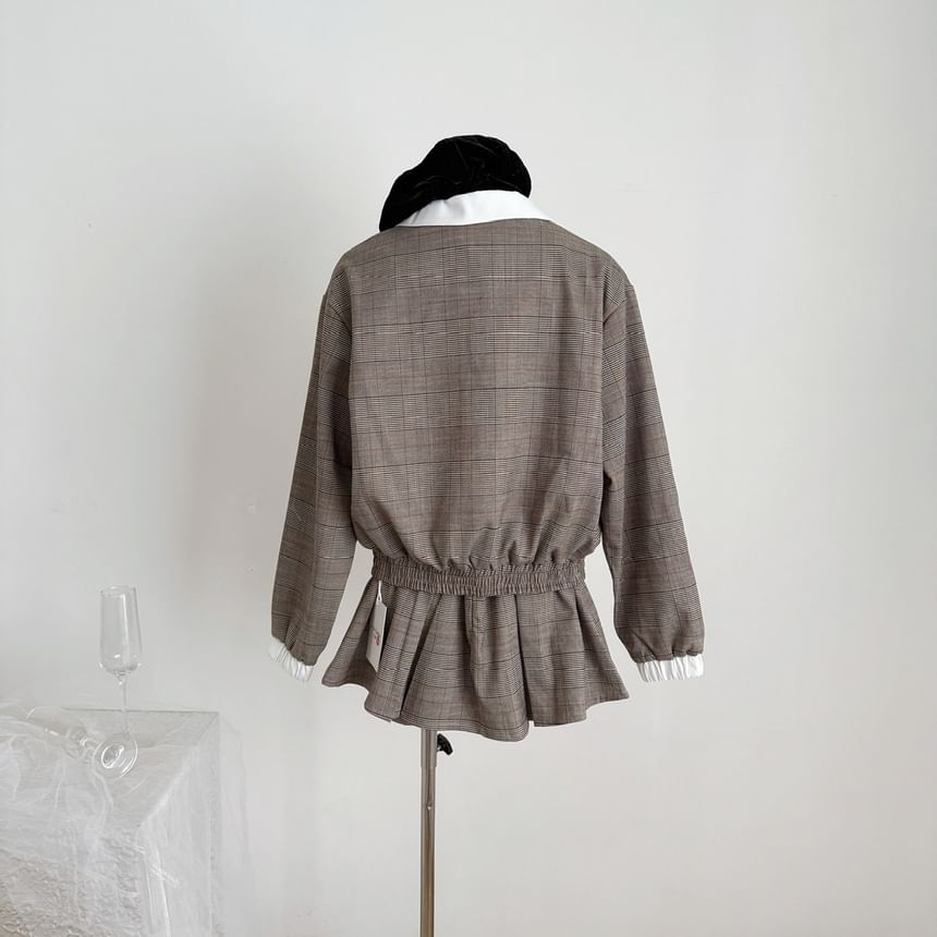 Plaid Contrast Trim Ruffle Jacket & Pleated Mini Skirt Set