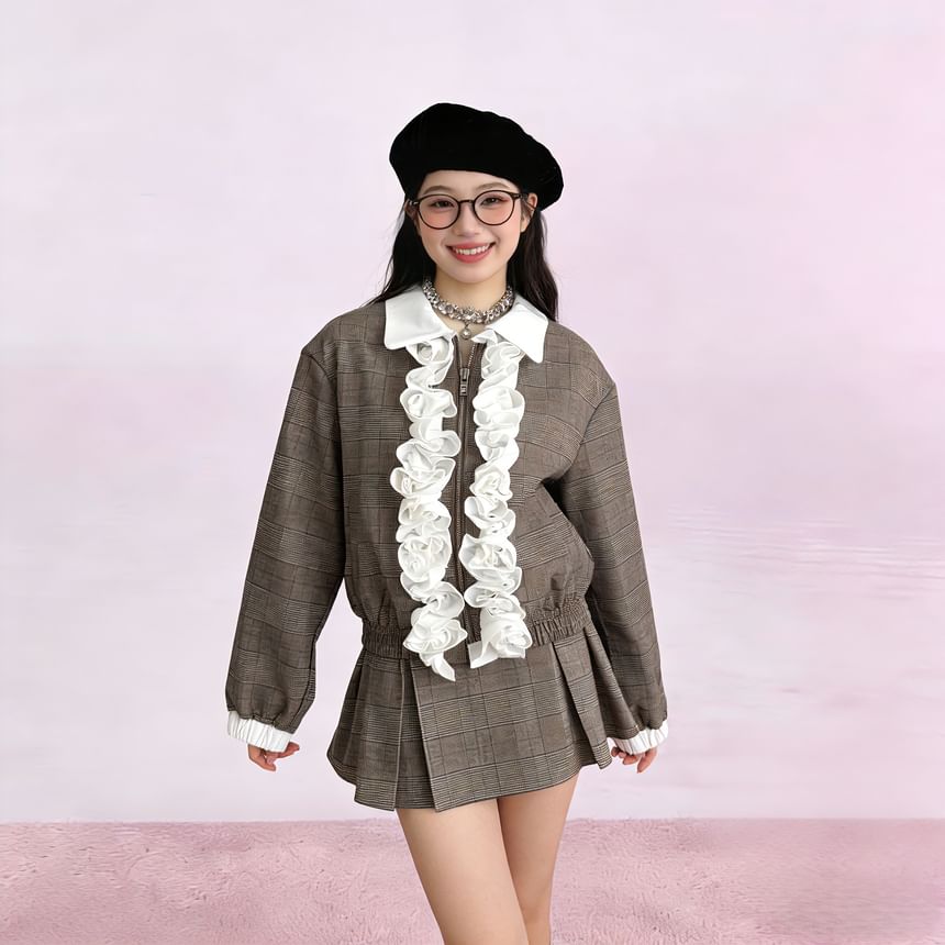 Plaid Contrast Trim Ruffle Jacket & Pleated Mini Skirt Set