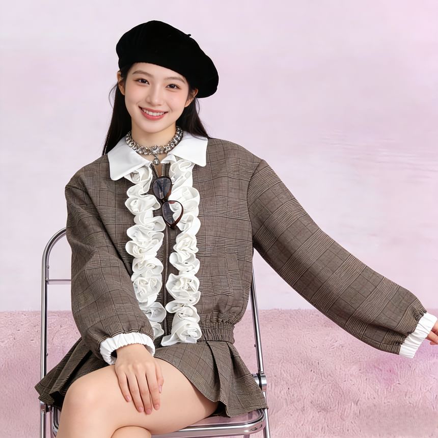 Plaid Contrast Trim Ruffle Jacket & Pleated Mini Skirt Set
