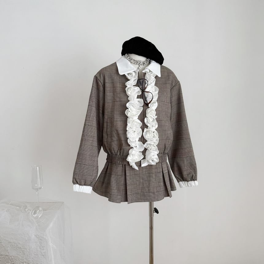 Plaid Contrast Trim Ruffle Jacket & Pleated Mini Skirt Set