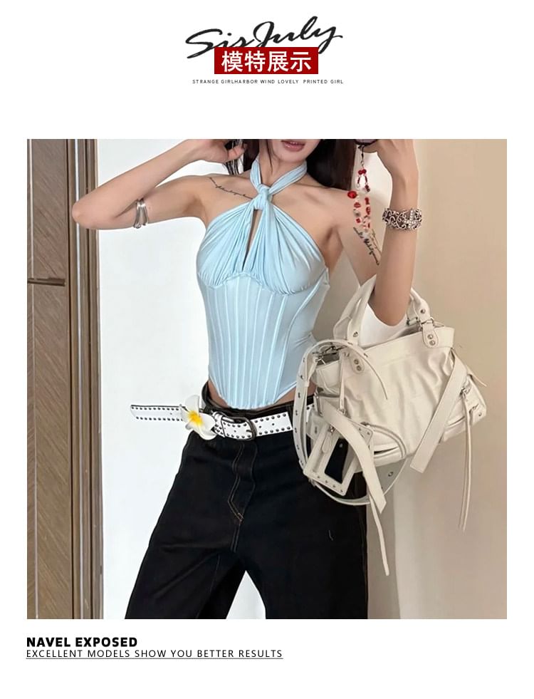 Knotted Halter Neck Solid Color Crop Top