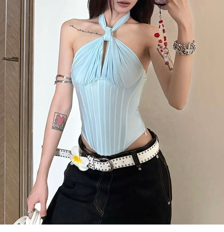 Knotted Halter Neck Solid Color Crop Top
